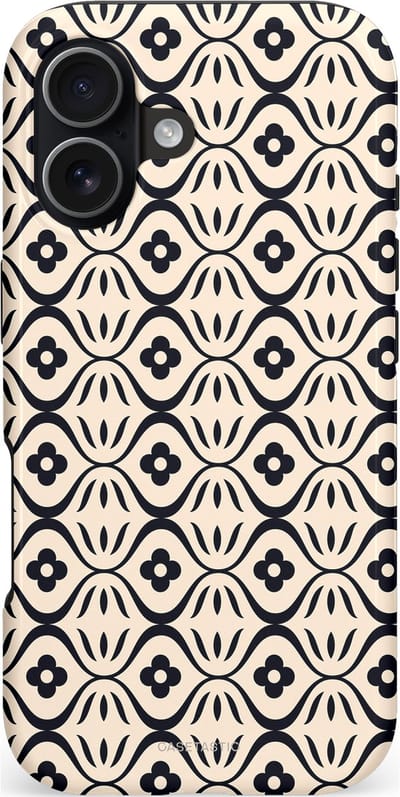 Casetastic hoesje geschikt voor Apple iPhone 17 - MagSafe - Dubbellaagse bescherming - Retro crème-zwarte bloemenprint - Fashion Case - Crème Grijs Donkergrijs