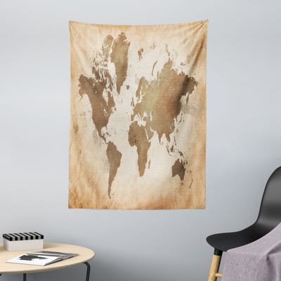 ABAKUHAUS Wereldkaart Wandtapijt en Sprei, Vintage Continenten, 110 x 150 cm, Koffiebeige