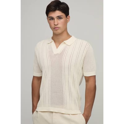 Boxy Fit V Neck Open Rib Knitted Polo T-Shirt | Ecru | Size XS