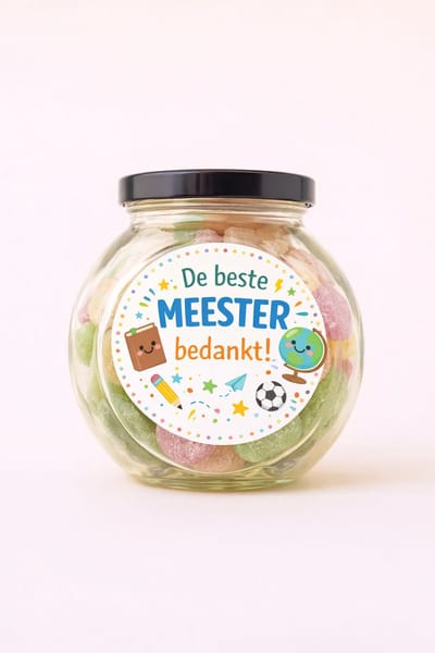 De beste MEESTER bedankt – Snoeppot 275g Zuurtjesmix – Origineel Bedankje voor Meester – Cadeau Einde Schooljaar / Dag van de Leraar - Streeck