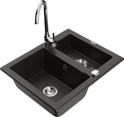 Mexen Carlos granieten spoelbak 1,5-komor met keukenkraan Telma, zwart/goud metallic - 6518-75-670200-00