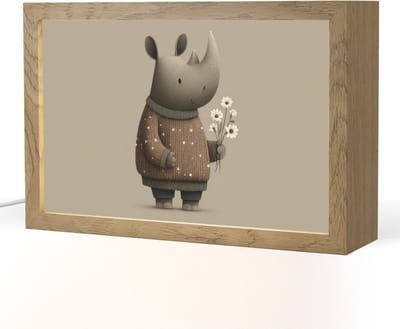 Nachtlampje 30x20 cm - Kinder lampje - Neushoorn - Witte bloemen - Lief - Tafellamp kinderkamer - Slaapkamer lamp - Bedlamp kinderen - Kinderlampje stopcontact - Wandlamp babykamer - Nachtlampjes