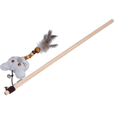 Bâton Amusant pour Chat en Bois, Jouets Interactifs pour Chat avec Plumes, Souris Mignonne en Peluche de Dessin Animé, Vocalisation, Clochettes Type 1 beige