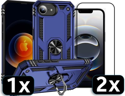 Casemania Hoesje/Glas Geschikt voor Apple iPhone 16e - Blauw - Anti-Shock Hybrid Armor Back Cover - Hoes met Kickstand Ring - 2x Glazen Screenprotector