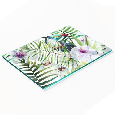 Decoratieve glazen keukensnijplank met tropische toekanprint, 80x52 cm