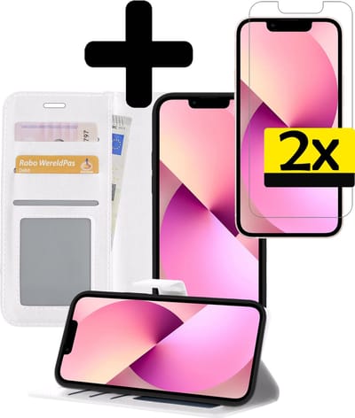 Hoesje - Met 2x Screenprotector - Geschikt voor Apple iPhone 13 Mini - Luxe Pasjeshouder - Bookcase Portemonee - Flip Case - Kunstleer Book Case - Flipcase Hoes - Book Cover - Walletcase - Portemonneehoes - Telefoonhoesjes - Wit