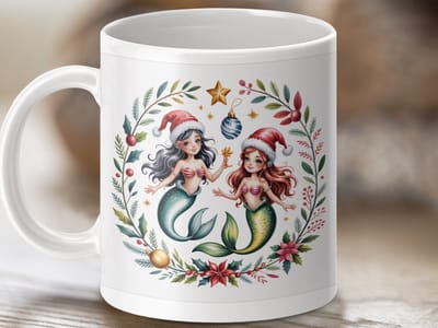 Mok Kerst Zeemeerminnen, Feestelijke Mok, Kerstcadeau Ideeen, Cartoon Zeemeermin Mok, Zeemeermin Fans, feestdagen, Kerst Decor