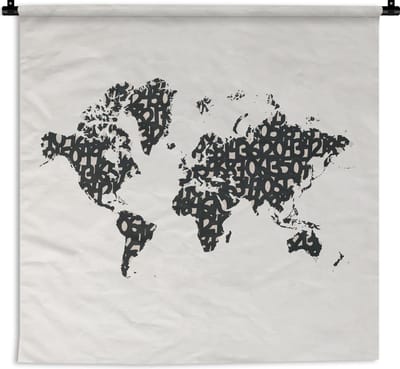 Wandkleed - Wereldkaart - Zwart - Wit - Cijfers - 120x120 cm - Wandtapijt