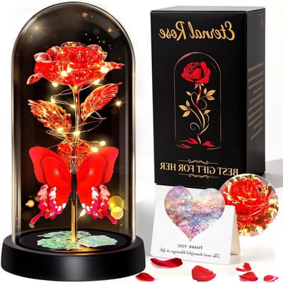 Eeuwige Roos - Galaxy Roos - Decoratie Huis - Met LED Licht - 21.5 cm Hoog - Rood Gouden