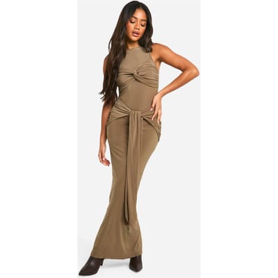 boohoo Dames Geraffelde Twistdetail Racer-nek Maxi Jurk | Mushroom | Maat: 16