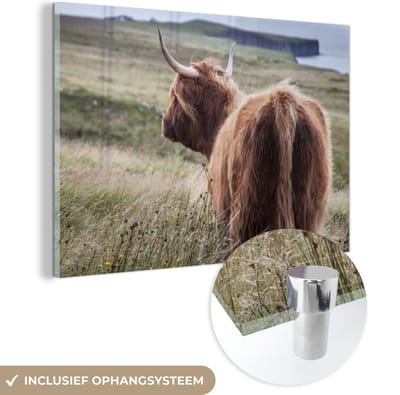 MuchoWow® Glasschilderij 150x100 cm - Schilderij acrylglas - Schotse Hooglander - Natuur - Zee - Foto op glas - Schilderijen
