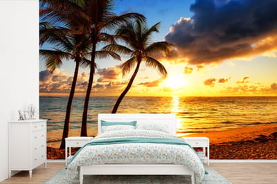 Behang - Fotobehang Strand - Horizon - Zonsondergang - Palmboom - Zee - Breedte 360 cm x hoogte 240 cm