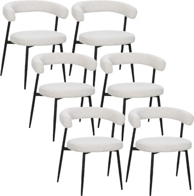 BukkitBow – Eetkamerstoel / Keukenstoel - Geschikt als Make-up Stoel - Chenille Stof & Metalen Onderstel - Open Design - Creme - 6 Stuks