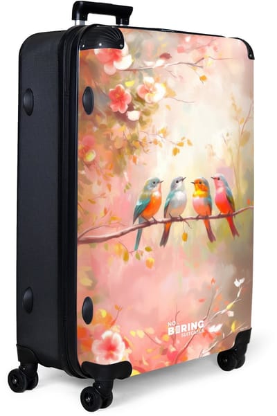 NoBoringSuitcases.com® - Koffer groot - Reiskoffer lichtgewicht - Vogels met roze bloesemtakken - Rolkoffer met 4 wielen - Grote trolley XL - 98 liter bagage