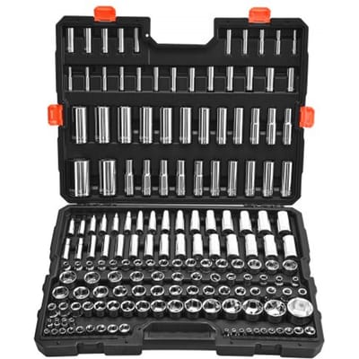 VEVOR 163-delige dopsleutelset, 9,53, 6,4 en 12,7 mm aandrijving dopsleutelset, SAE en metrisch, diep en standaard, met opbergkoffer, verchroomd CR-V-gelegeerd staal
