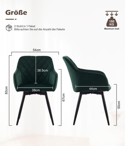 Eetkamerstoel set van 2 – Novihome Fluweel Draaibare Stoelen met Armleuningen en Gestoffeerde Rugleuning – Luxe Keukenstoel, Woonkamerstoel, 360° Rotatie, Comfortabel en Ergonomisch, Metalen Poot, Groen