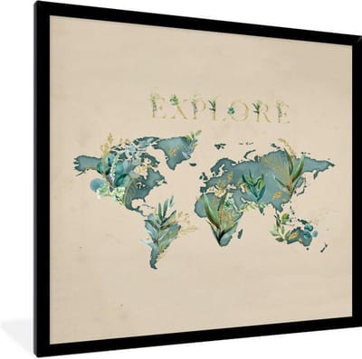 Fotolijst incl. Poster - Wereldkaart - Retro - Quote - 40x40 cm - Posterlijst