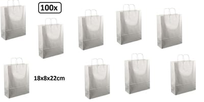 100x Papieren koordtas zilver 18x8x22cm - luxe koord tas geschenk verpakking goodie bag feest dagen kerst