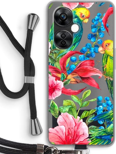 Case Company® - Hoesje met koord geschikt voor OnePlus Nord CE 3 Lite hoesje met Koord - Papegaaien - Telefoonhoesje met Zwart Koord - Bescherming aan alle Kanten en Over de Schermrand