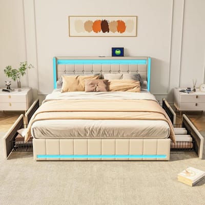 Tweepersoonsbed Gestoffeerd - Dubbel Bedframe - Moderne Slaapkamer - Met Opbergvakken - 140 x 200 cm - Beige
