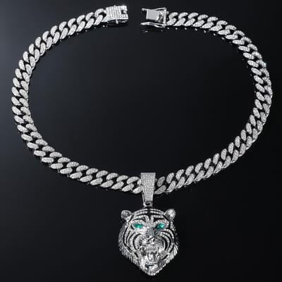 Heren Hip Hop 3D Tijger Hanger Ketting met 13mm Kristal Cubaanse Ketting Iced Out Bling Kettingen HipHop Dames Mode Bedel Sieraden black