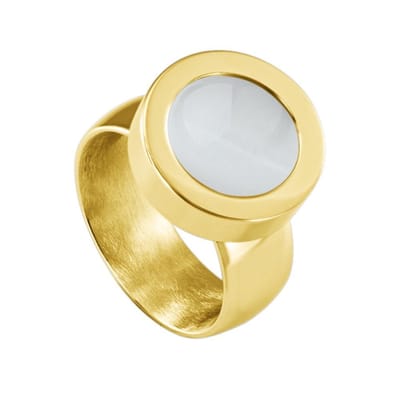 Quiges RVS Schroefsysteem Ring Goudkleurig Glans 16mm met Verwisselbare Cat's Eye Beige 12mm Mini Munt