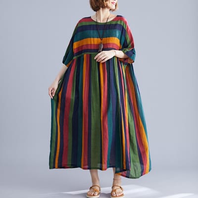 Robe Vintage en coton et lin pour femmes, imprimé rayé, col rond, demi-manches, Pocekt, grande taille, ample, décontracté One Size multicolore