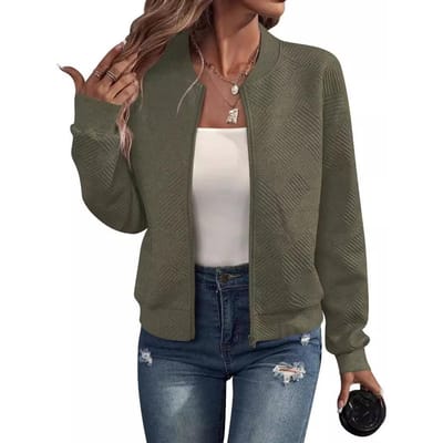 Herfst Winter Effen Kleur Ritsjas Baseballkraag Casual Jas voor Dames Lange Mouw Jassen & Jassen S legergroene kleur