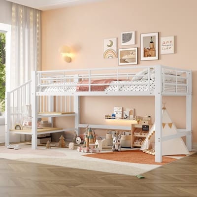 MODFU - Halfhoogslaper - Met Opbergtrap En Lattenbodem - Ruimtebesparend - MDF En Metaal - Wit - 90 X 200 Cm