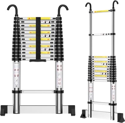 Telescoopladder 4,9m Aluminium Uitschuifbaar met Haken - Traptrede Ladder voor Zolder en Ramen