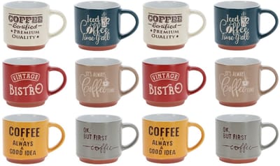 Siaki Koffiemokken - set van 12x stuks - aardewerk - glans afwerking - 260 ml - theemokken