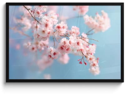 Poster in lijst - Fotolijst 90x60 cm - Posters - Takken - Bloesems - Roze - Posterlijst zwart - Decoratie - Wanddecoratie woonkamer - Muurdecoratie slaapkamer