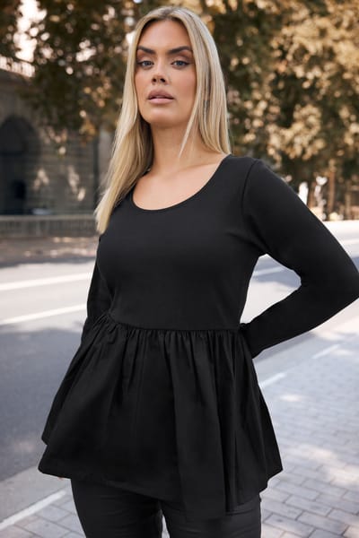 Yours Zwarte Gemengde Rib Peplum Top Size 50-52