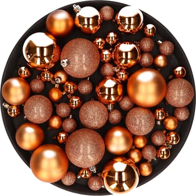 Kerstversiering set mix mat/glans/glitter mix kerstballen in het koper 6 - 8 - 10 cm pakket - 62x stuks