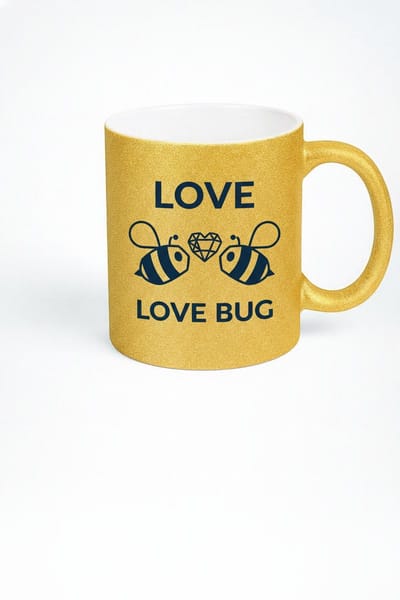 Gouden Glitter Mok "Love Bug" met Bijen & Diamant Hart - Uniek Liefdes Mok Cadeau