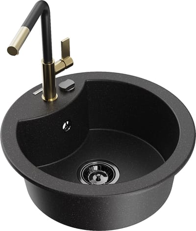 Mexen Diego granieten gootsteen 1-komorige met keukenkraan Flora, zwart/zilver metallic - 6512-73-670401-57-B
