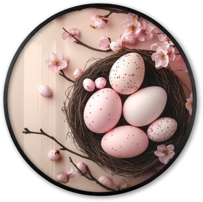 Poster in lijst Rond - Fotolijst 60x60 cm - Posters - Roze - Bloesems - Eieren - Ronde posterlijst zwart - Decoratie - Wanddecoratie woonkamer - Muurdecoratie slaapkamer