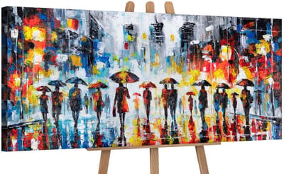 Canvas schilderij panoramisch 115x50 handgeschilderd kleurrijke avond sfeervol – YS-Art Gallery – Sfeervol wanddecoratie voor woonkamer – Modern schilderij voor hal