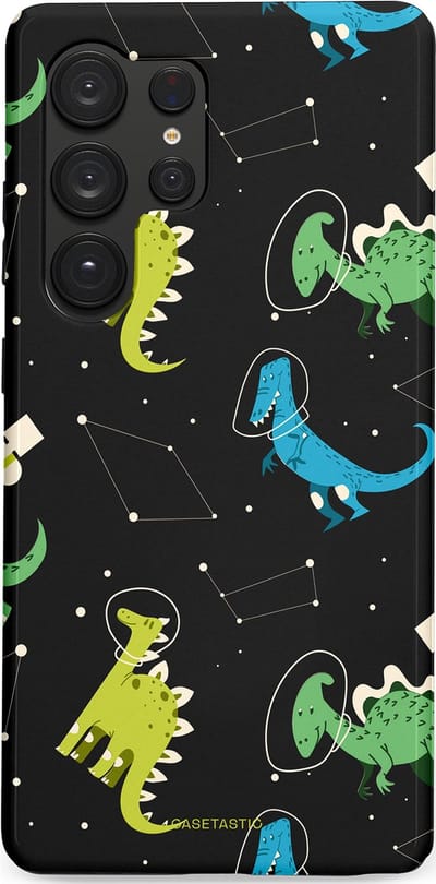 Casetastic hoesje geschikt voor Samsung Galaxy S25 Ultra - Dubbellaagse bescherming - Dino in de sterren - Fashion Case - Zwart Groen