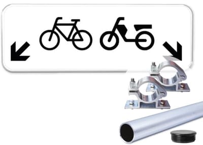 Parkeerbord Fietsen en Brommers - Weerbestendig Aluminium - 40x15 cm - Bevestiging: Met paal 120 cm + paalbeugels + paaldop