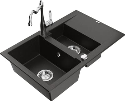 Mexen Gaspar granieten gootsteen 1,5-komor met afdruiprek en keukenmengkraan Carla, zwart/goud metallic - 6507-75-670700-00