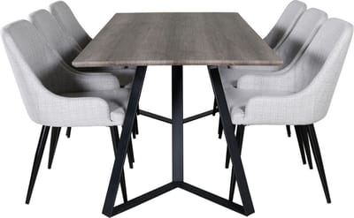 MarinaGRBL eethoek eetkamertafel el hout decor grijs en 6 Plaza eetkamerstal lichtgrijs, zwart.