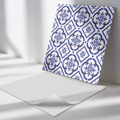 Wallfluent Vinyl Tegels - tegelpatroon met Ornamenten Wand PVC Tegels - 30 cm x 30 cm - Blauw Vinyl Tegels - 9 stuks - Vierkant PVC Tegels - Texturen Plaktegels - Vinyl Tegels Zelfklevend - Plaktegels Keuken en Badkamer