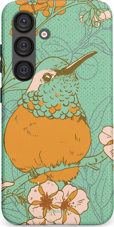 Casetastic hoesje geschikt voor Samsung Galaxy S25 - Dubbellaagse bescherming - Bloesem Kolibrie - Fashion Case - Mintgroen Okergeel Zand