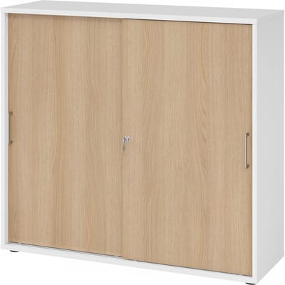 Breno schuifdeurkast, afsluitbaar, spaanplaat, gemelamineerd, B 1200 x D 400 x H 1100 mm, 3 dossierhoogtes, wit/eiken