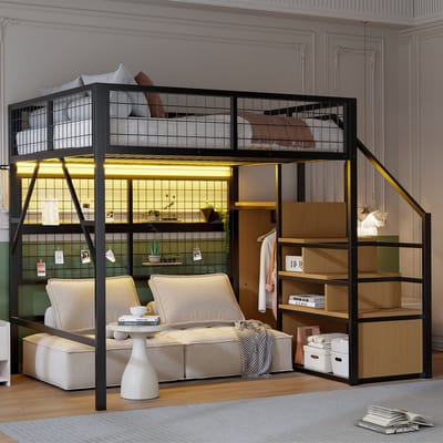 REDOM Hoogslaper – 140x200 cm – Met trap, opbergruimte, open kledingkast & LED-verlichting – Metaal – Zwart