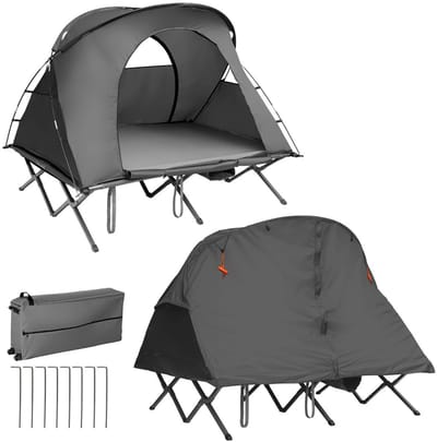Trendmix Kampeertent 2 Personen 4-in-1 – Verhoogde Tent met Veldbed, Luchtmatras & Pomp – Opvouwbaar – Grijs