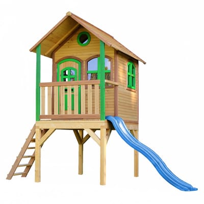 AXI Laura Speelhuis Bruin/groen - Blauwe Glijbaan – Classic speelhuisje met verdieping en ladder – FSC hout - Speeltoestel voor kinderen