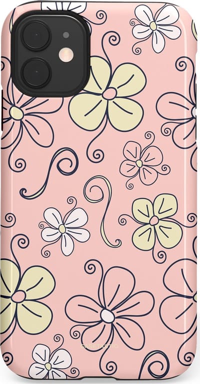 Casetastic hoesje geschikt voor Apple iPhone 11 - Dubbellaagse bescherming - Pastel Perzik Doodle Peach Bloemen - Fashion Case - Zand Zilver Lichtroze