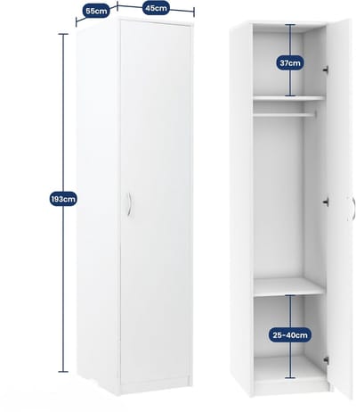 Kledingkast met Deur – Casa Velluto SlimLine 45 – Smalle Garderobekast met 1 Kledingstang en 2 Legplanken – Mat Wit – Slaapkamerkast, Halmeubel of Woonkamerkast – 45x55x193 cm